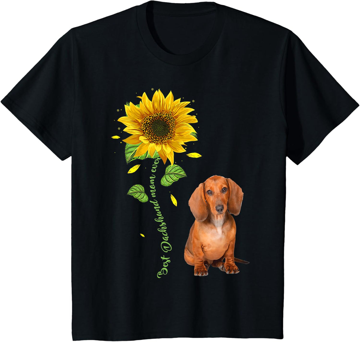 Dachshund Mom Ever Sunflower Cute Dog T-Shirt - Black