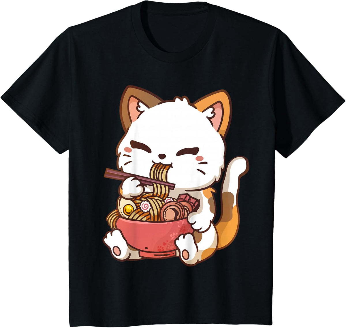 Ramen Cat Anime Kawaii Cat Eating Ramen Tee T-Shirt - Black