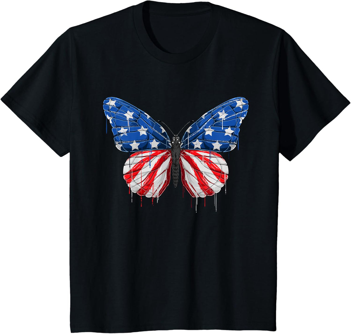 Butterfly USA Flag 4th of July For Women Girl US T-Shirt - Black