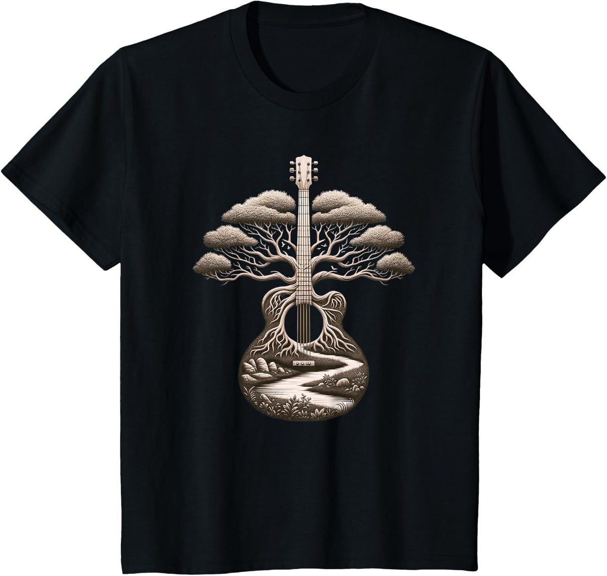 Acoustic Guitar Tree Nature Lover Guitarist Guitar Player T-Shirt - Black