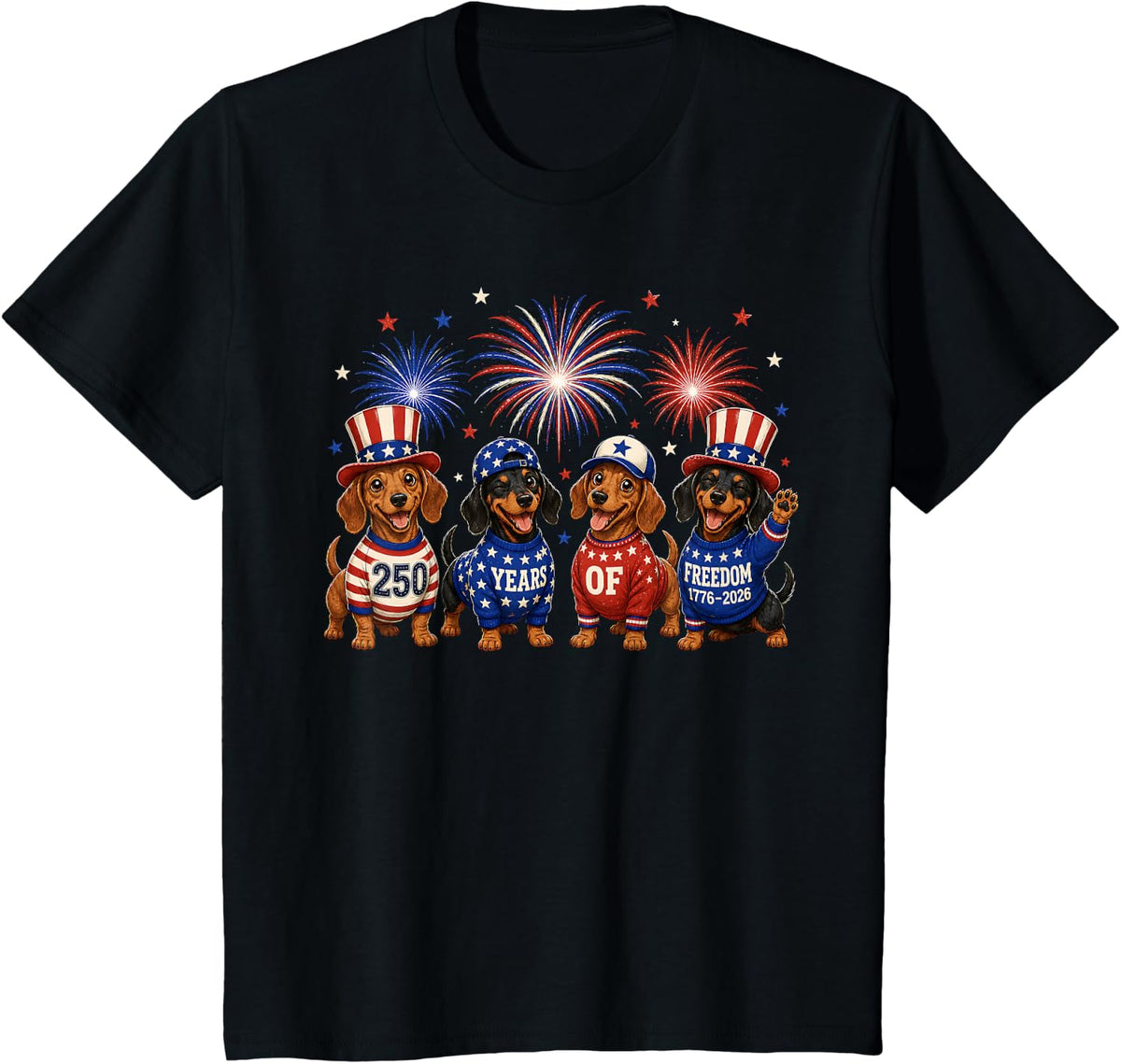 250 Anniversary USA Dog Dachshund Wiener 4th of July 250th T-Shirt - Black
