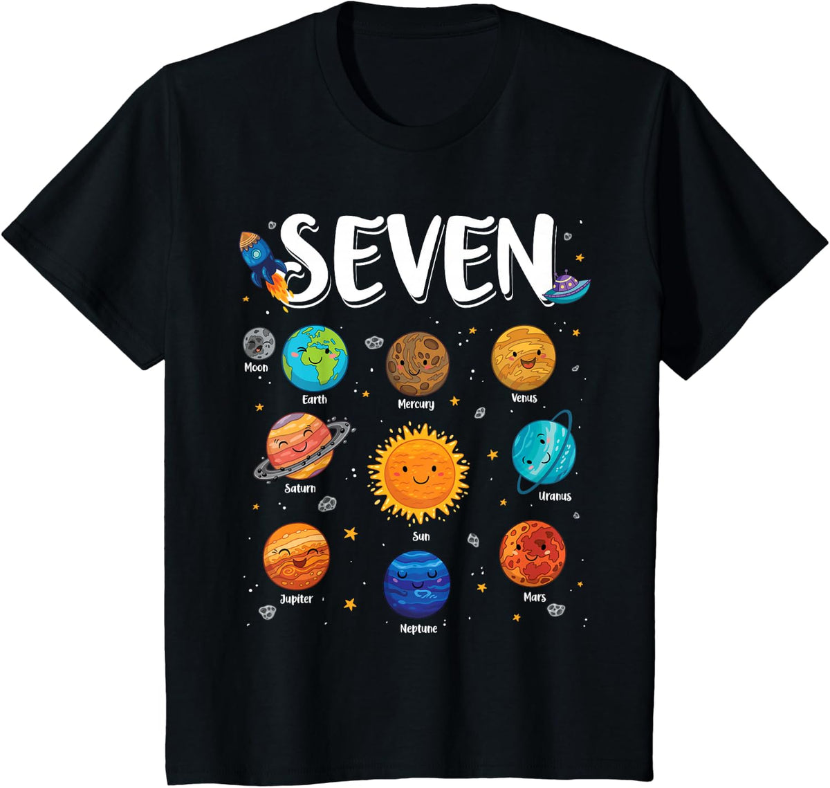 Solar System Planets 7 Seven Years Old 7th Birthday Boy Girl T-Shirt - Black
