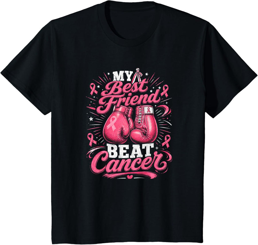 My Best Friend Beat Cancer Breast Cancer Boxing Gloves T-Shirt - Black