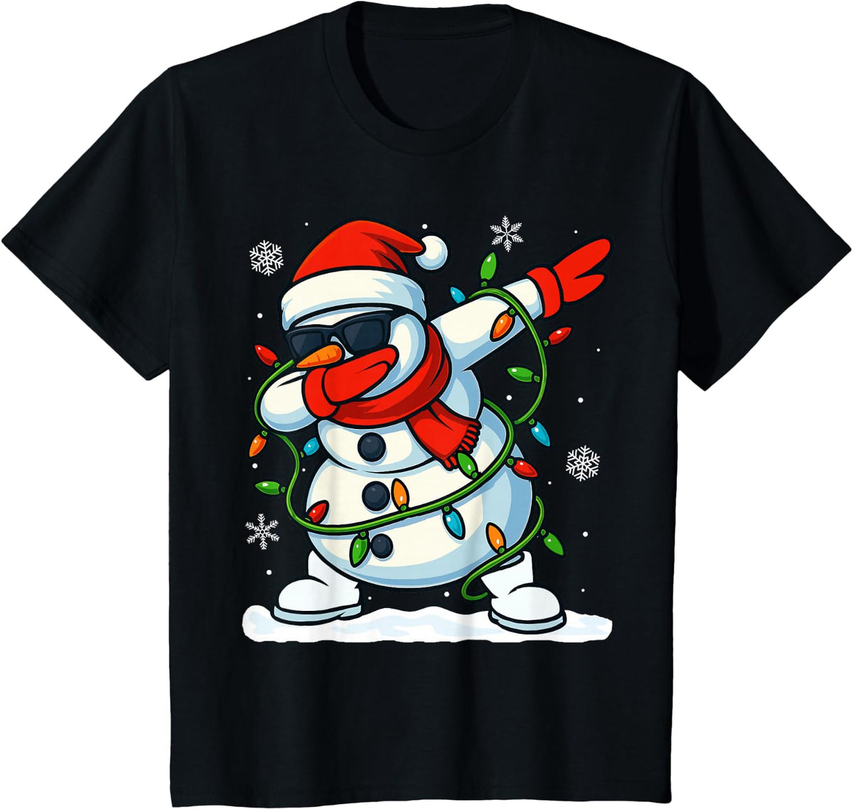 Dabbing Snowman Christmas Girls Xmas Lights Boys Christmas T-Shirt - Black