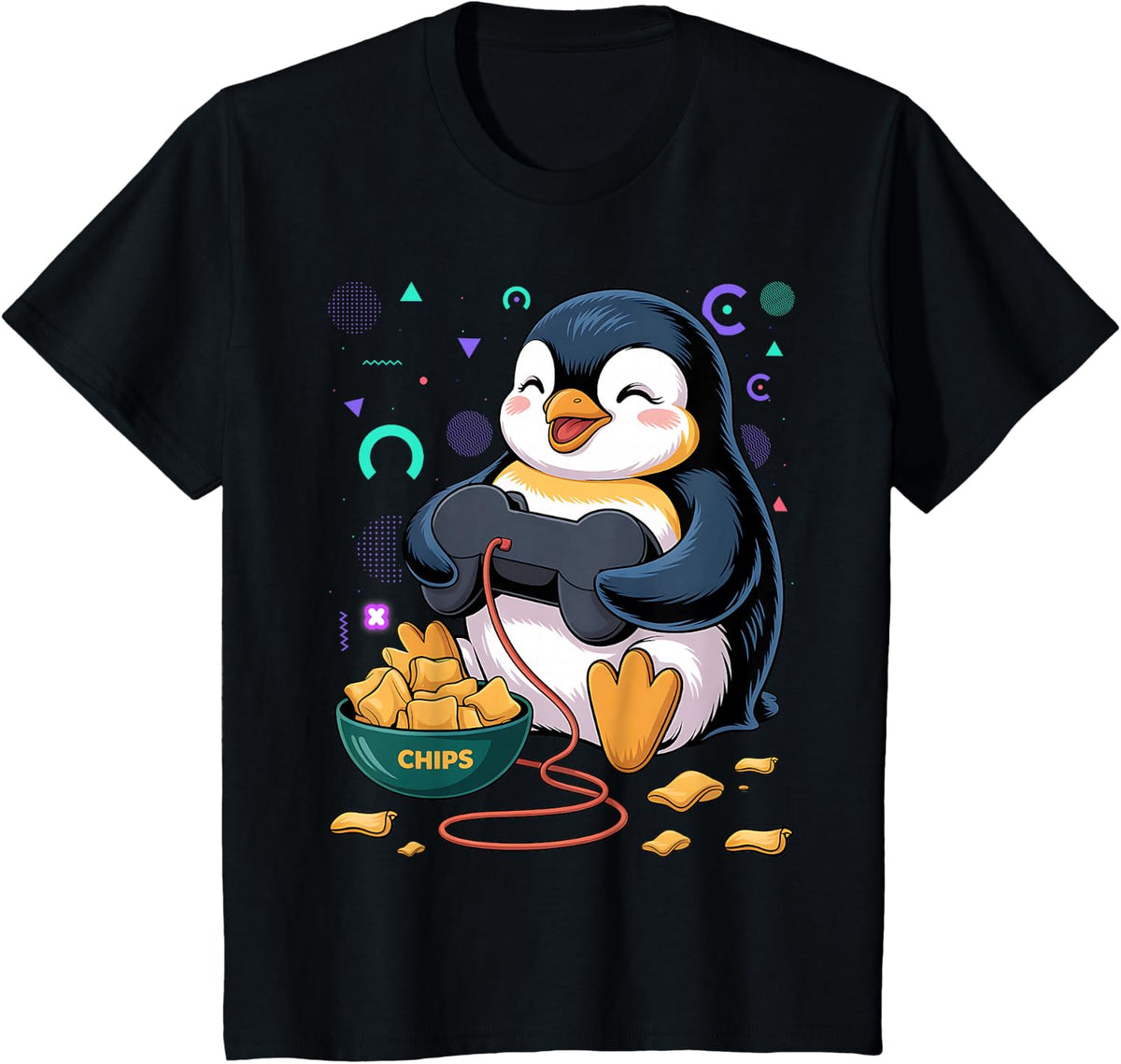 Gamer Penguin Playing Video Games T-Shirt - Black