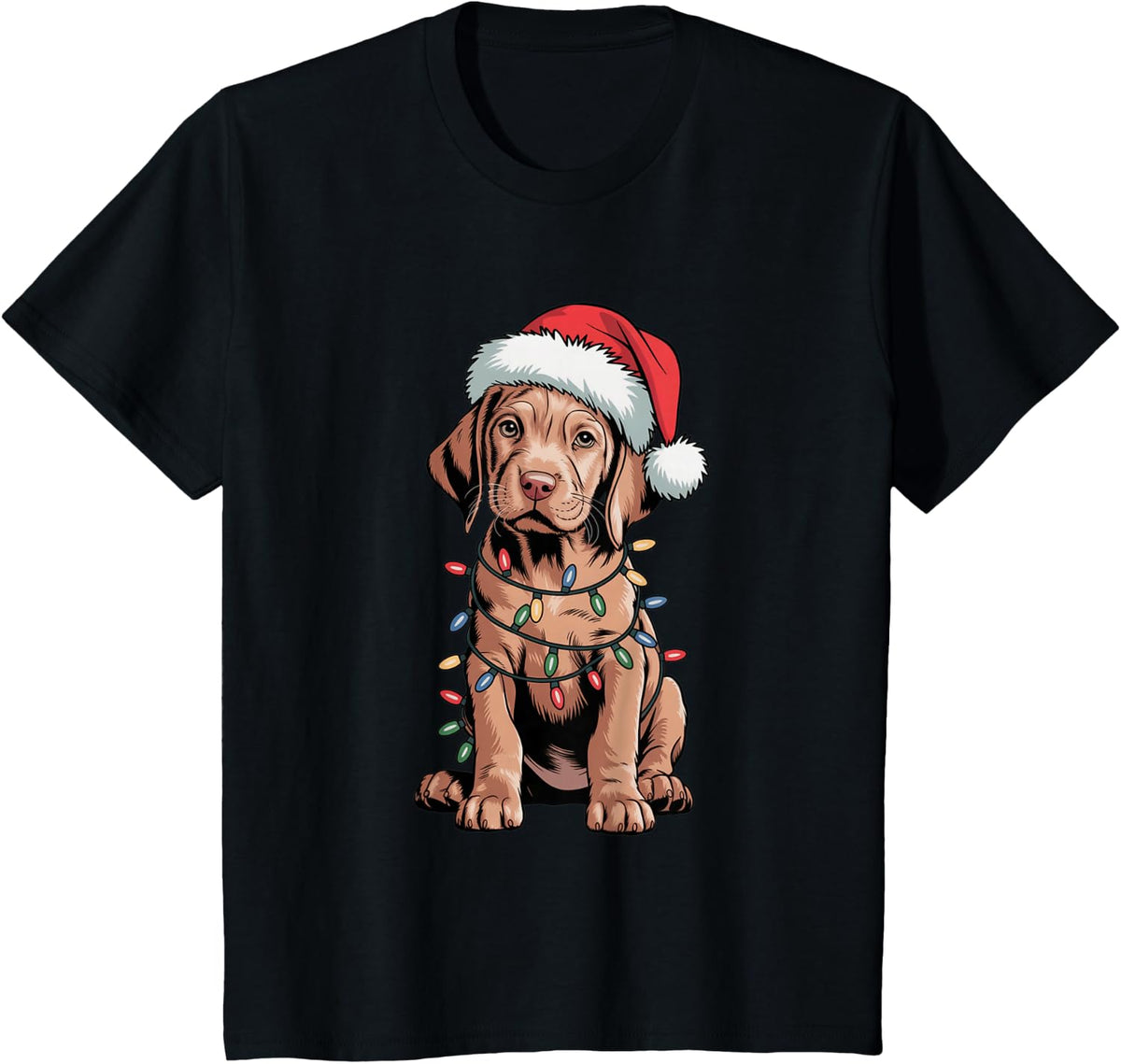 Festive Cute Vizsla Puppy Christmas Lights Dog Mom Dad Lover T-Shirt - Black