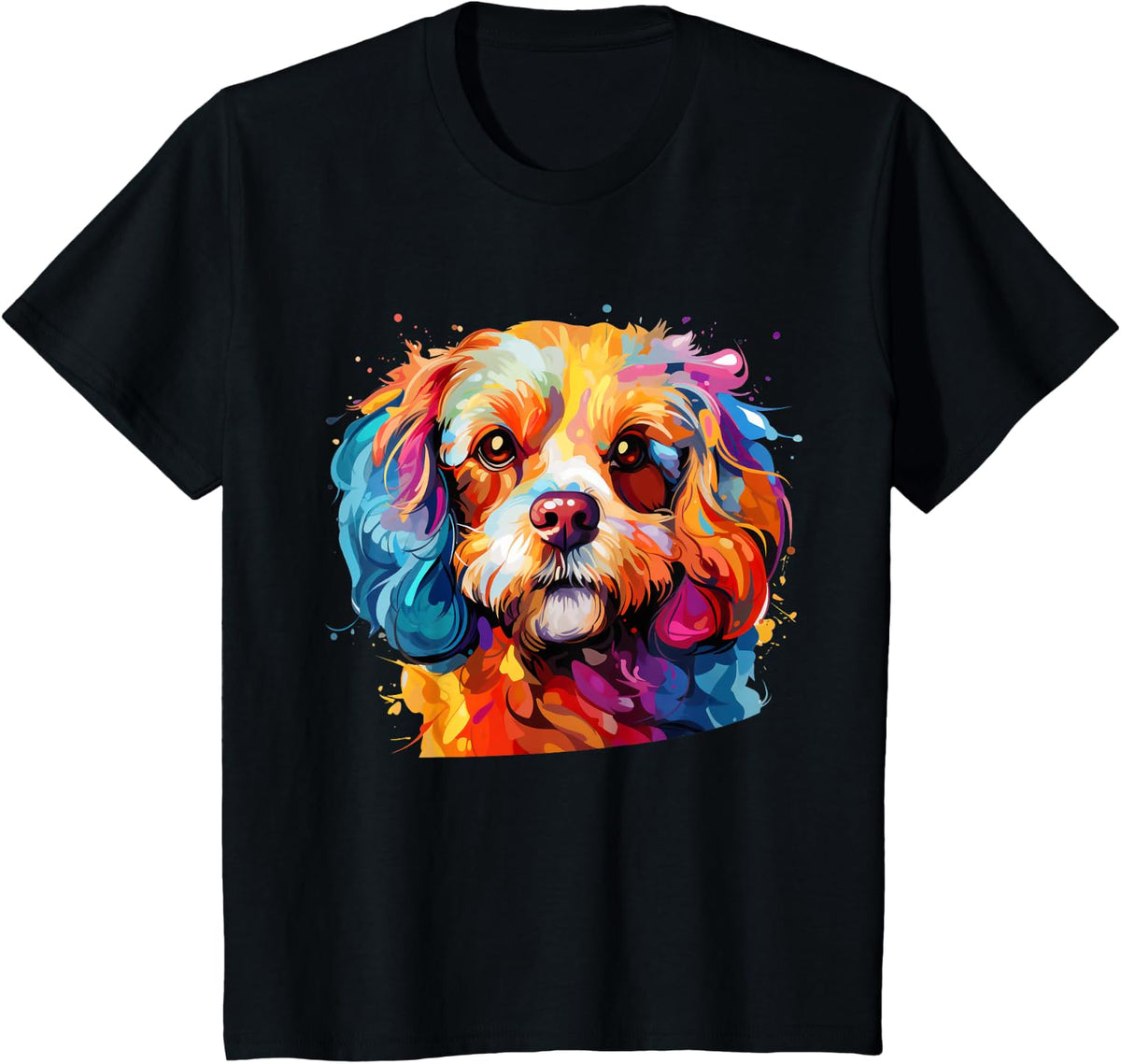 Cavapoo Portrait, Portrait Colour Artwork T-Shirt - Black