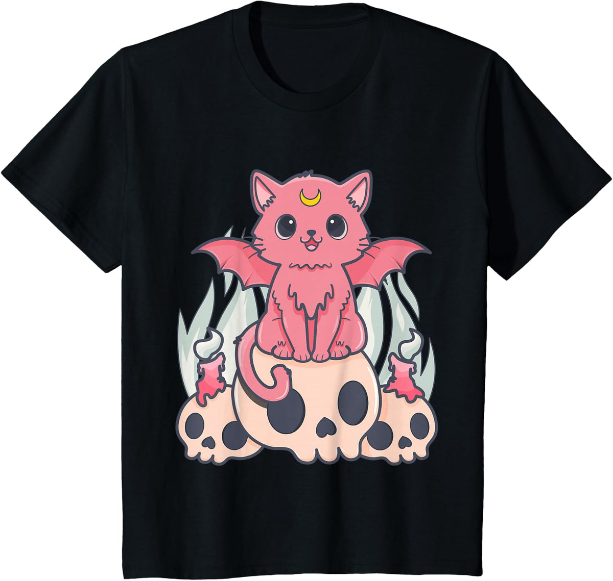 Kawaii Pastel Goth Cute Creepy Demon Cat and Skull Anime Art T-Shirt - Black