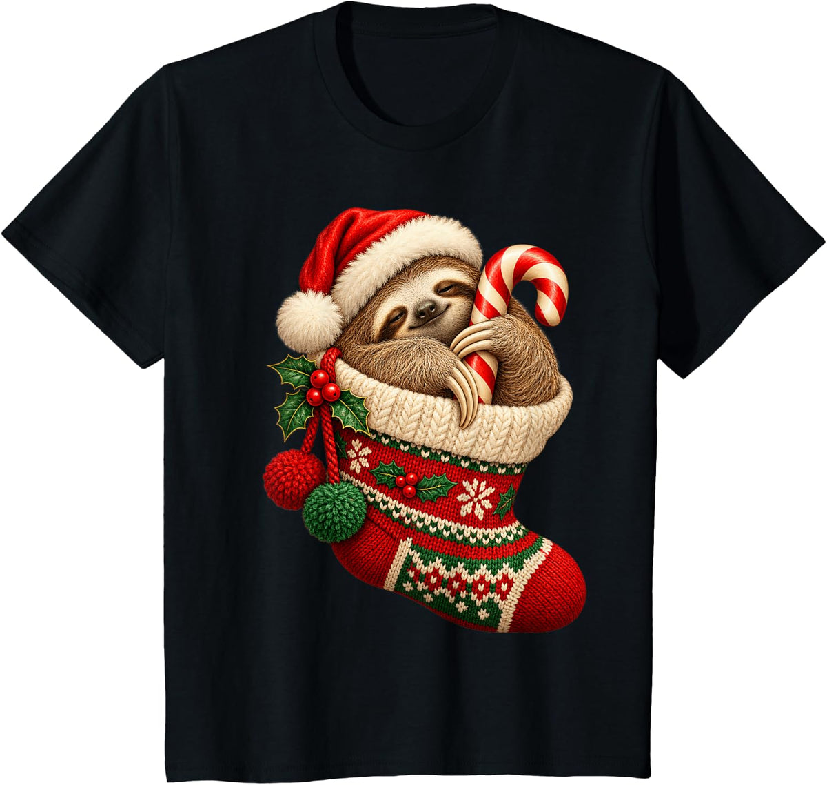 Cute Christmas Sloth in Stocking Santa Hat Candy Cane T-Shirt - Black