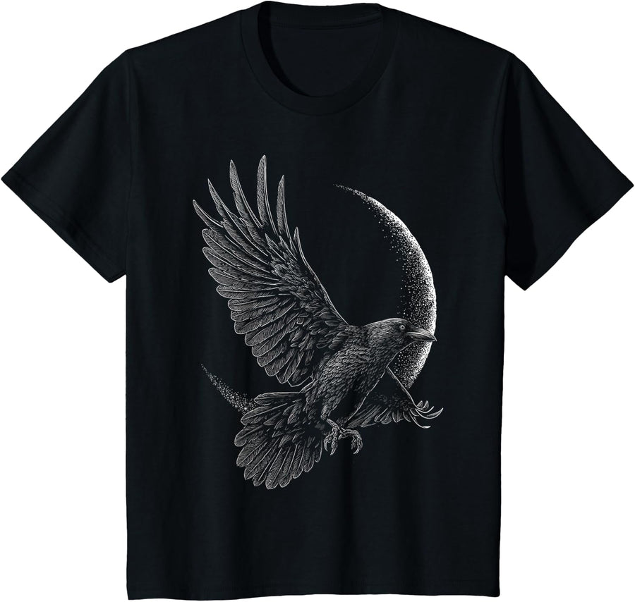 Raven Animal Lover Crow Motif Forest Wildlife Graphic Moon T-Shirt - Black