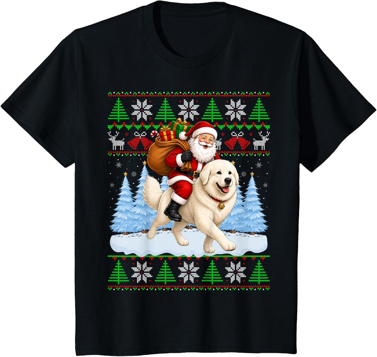 Ugly Xmas Funny Santa Riding Great Pyrenees Dog Christmas T-Shirt - Black