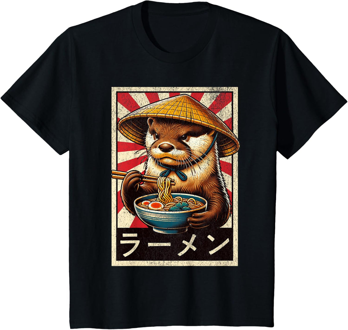 Vintage Otter Eating Ramen. Funny Anime Otter Ramen Lover T-Shirt - Black