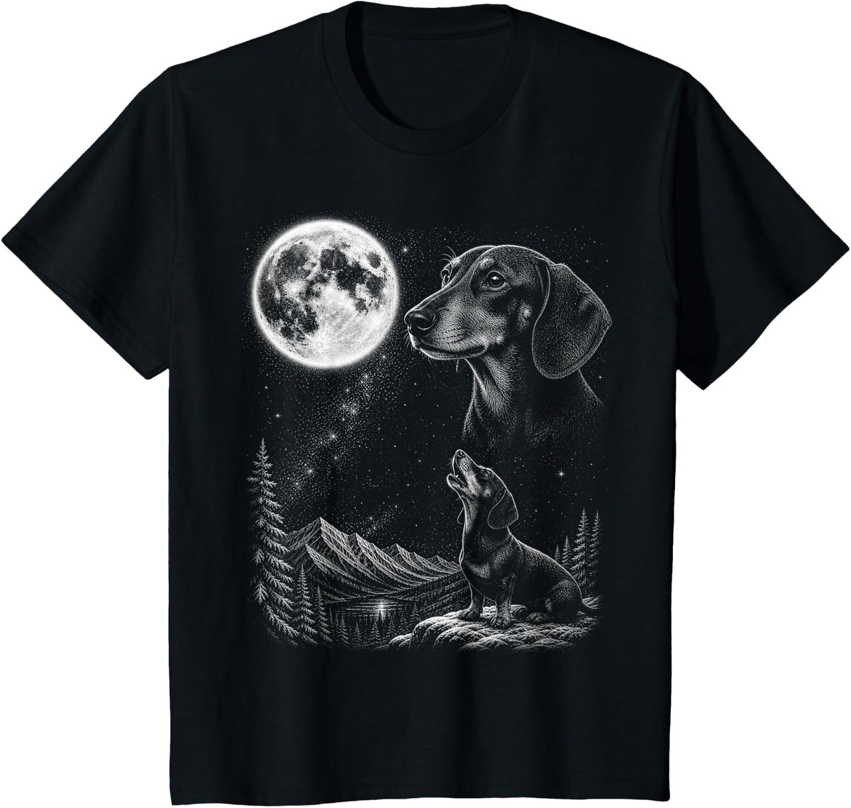 Dachshund Weiner Dog Howling to the Moon Retro 90's T-Shirt - Black