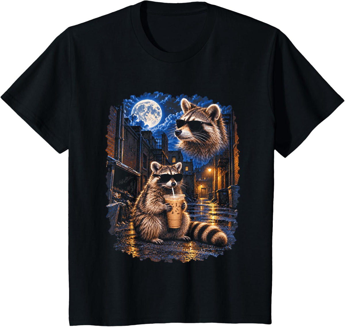 Raccoon Coffee Full Moon Alley Trash Panda Iced Coffee Funny T-Shirt - Black