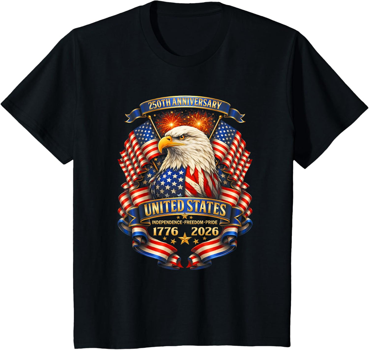 USA Independence 250th Anniversary 1776 2026 Patriotic Eagle T-Shirt - Black