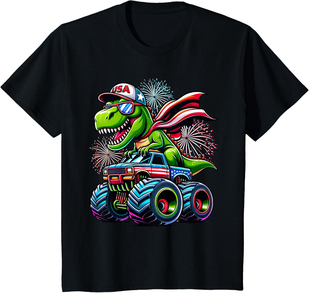 Dinosaur T rex 4th July Monster Truck American USA Flag T-Shirt - Black