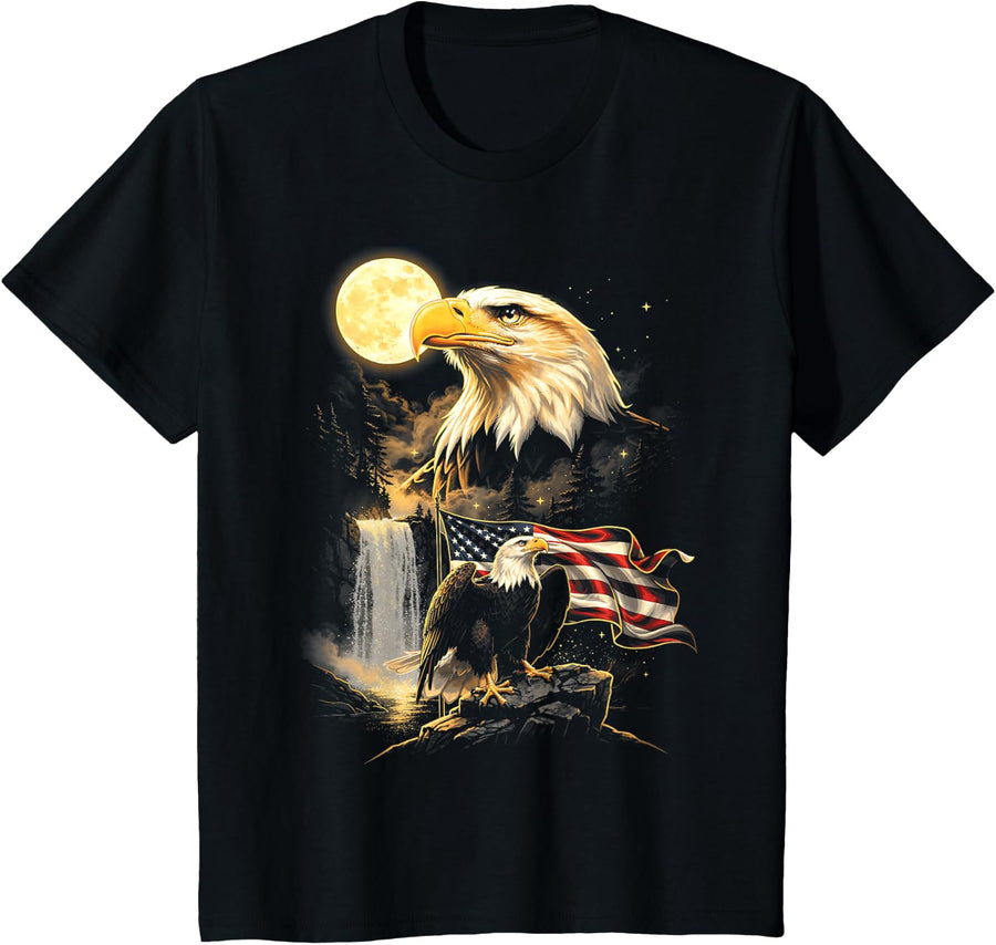 Patriotic Bald Eagle Howling Moon American Flag T-Shirt - Black