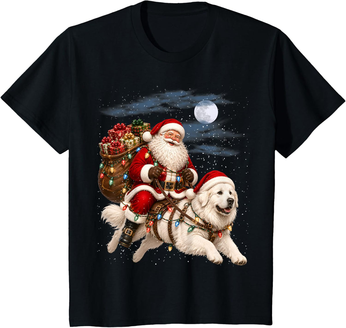 Great Pyrenees Christmas Lights Holiday Dog Design T-Shirt - Black