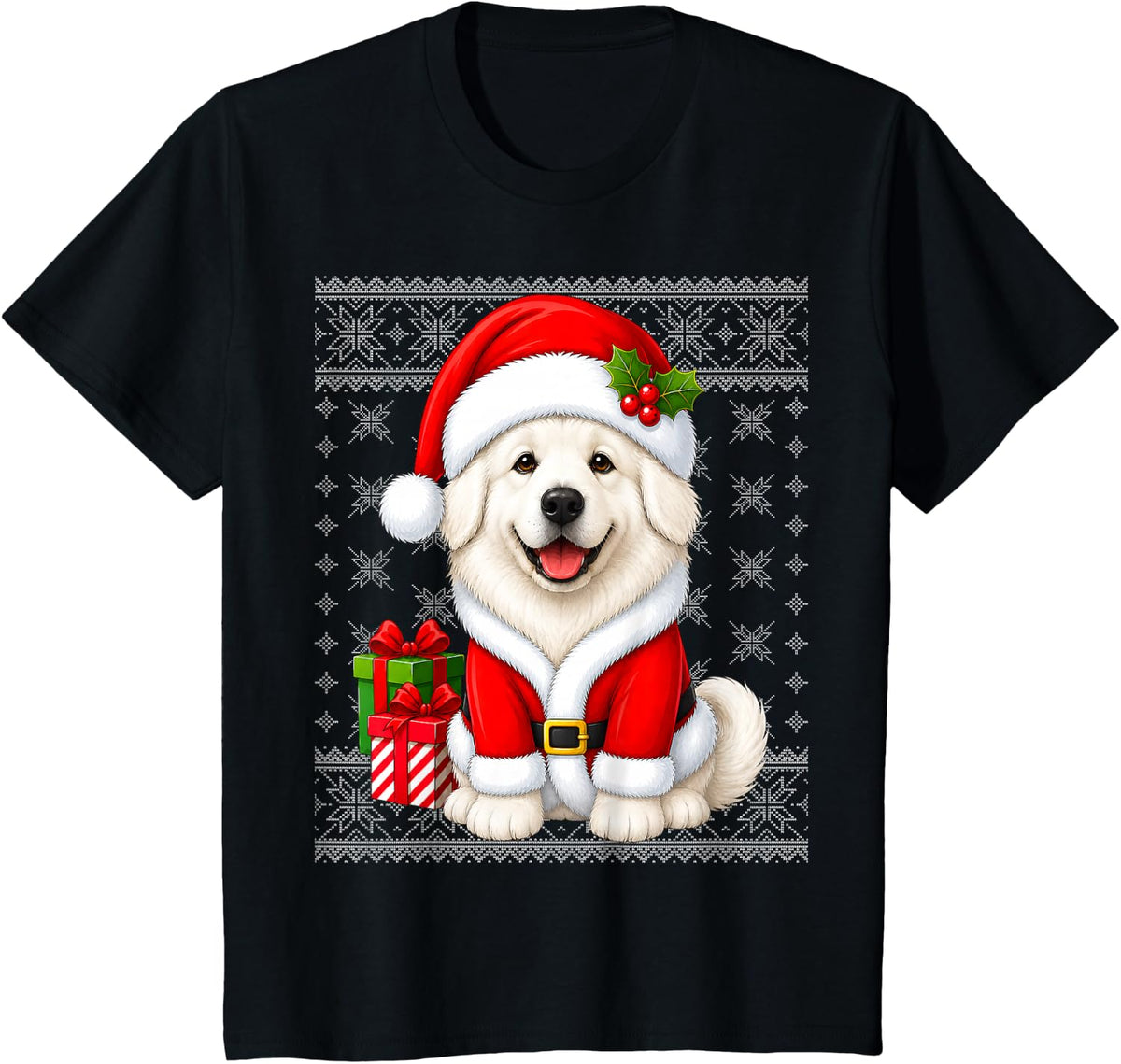 Great Pyrenees Dog in Christmas Santa Costume Ugly Xmas T-Shirt - Black