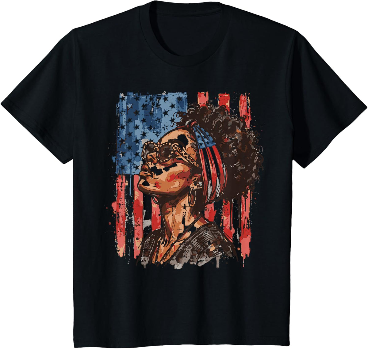 4th of July Afro Woman US Flag Patriotic Women Girls Kids T-Shirt - Black