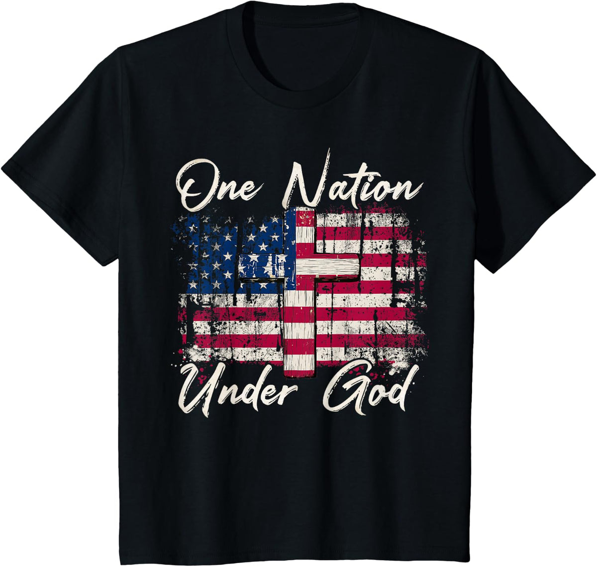 Vintage Flag One Nation Under God 4th of July Patriotic T-Shirt - Black