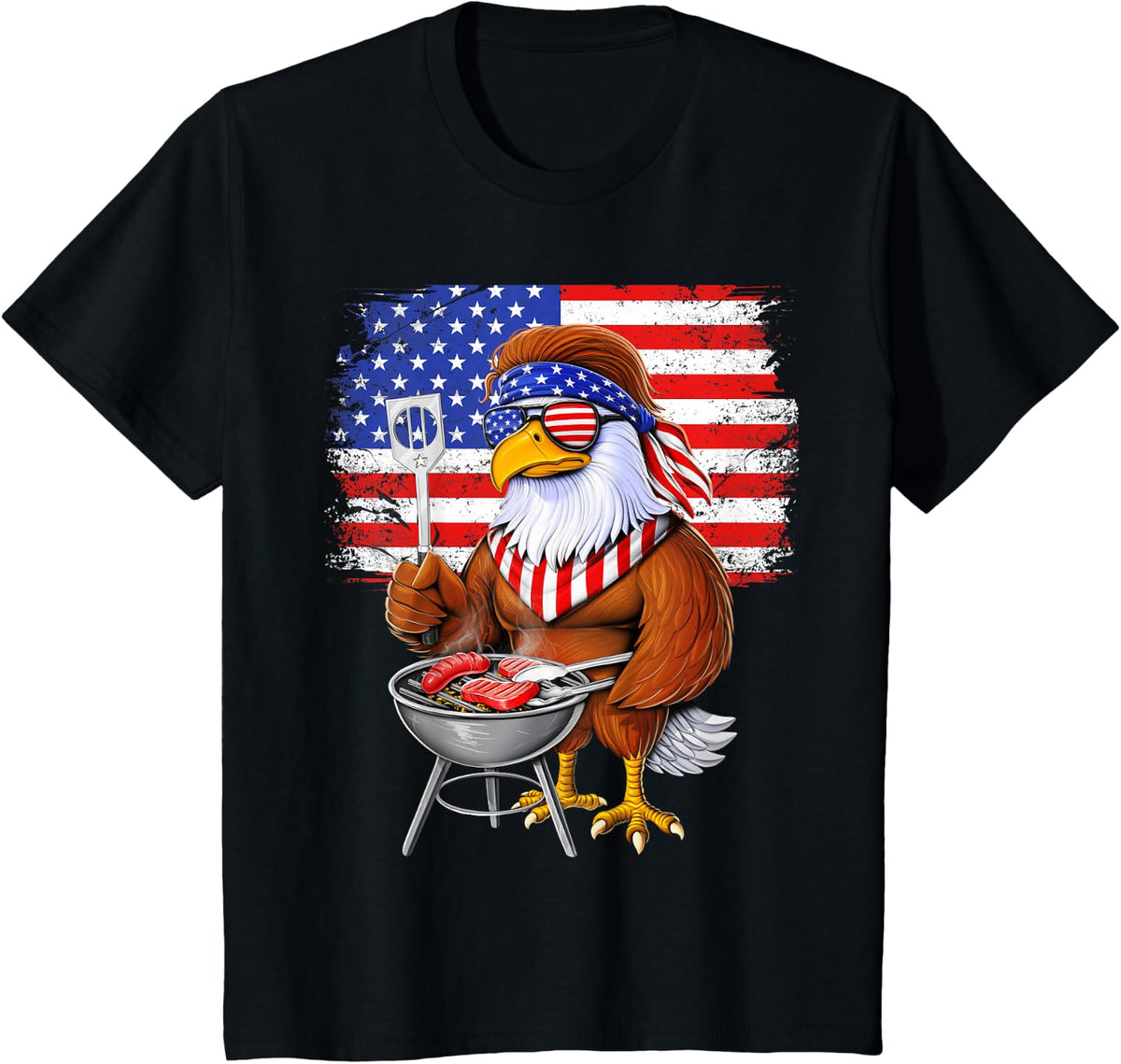 American Bald Eagle US Flag Barbecue Meat Grillining Chef T-Shirt - Black