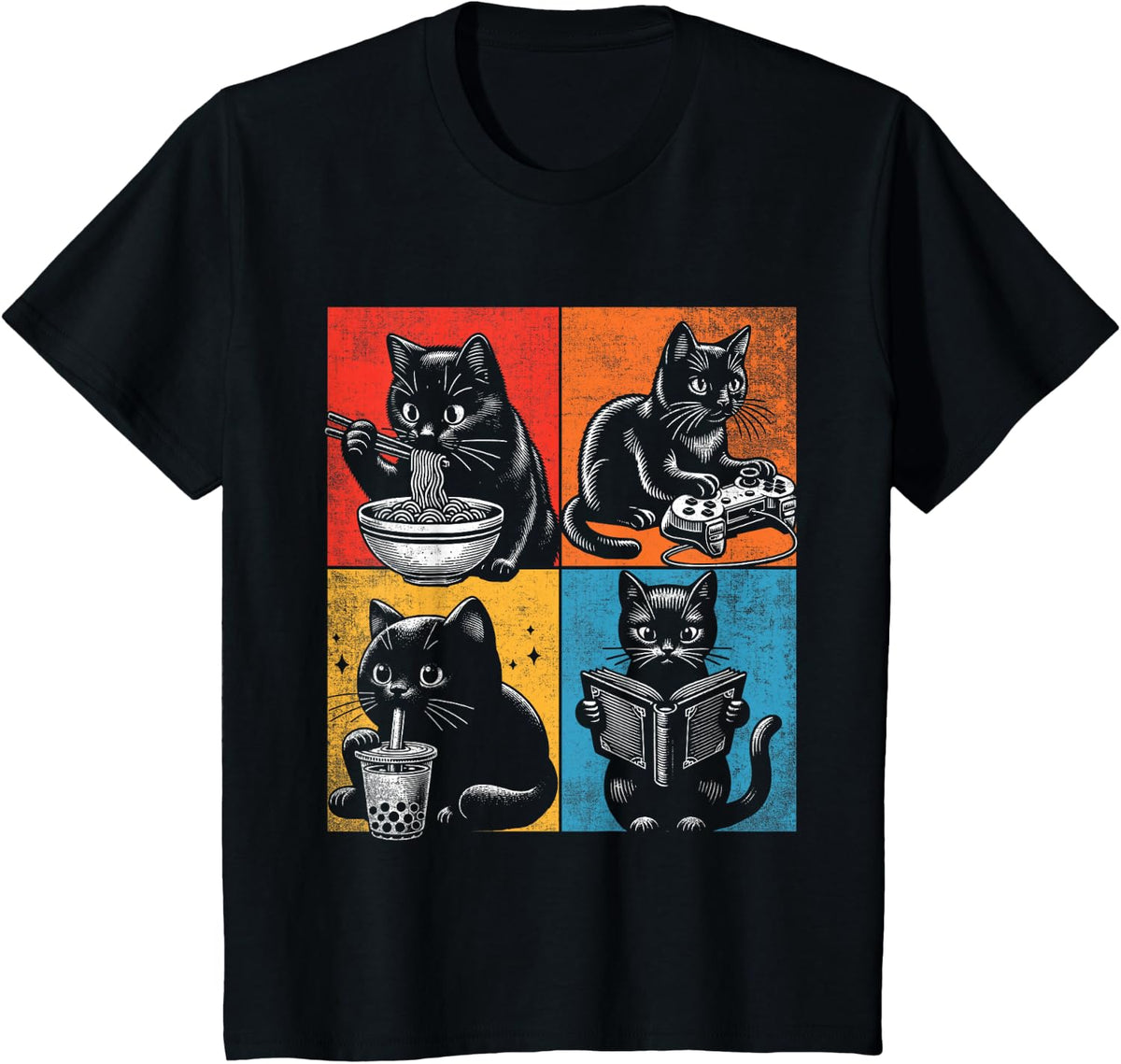 Funny Cat Ramen Boba Gaming And Reading Books Lover. Anime T-Shirt - Black