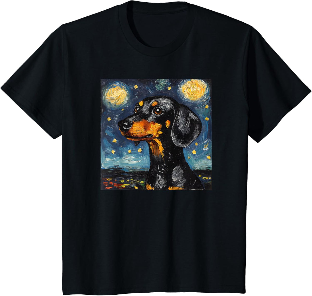 Cute Black and Tan Dachshund Starry Night Dog Art T-Shirt Tee for Dog Lovers - Black