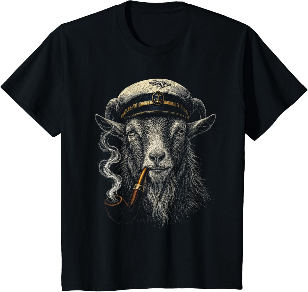 Goat Smoking Pipe Funny Nautical Boat Captain Goat T-Shirt - Black