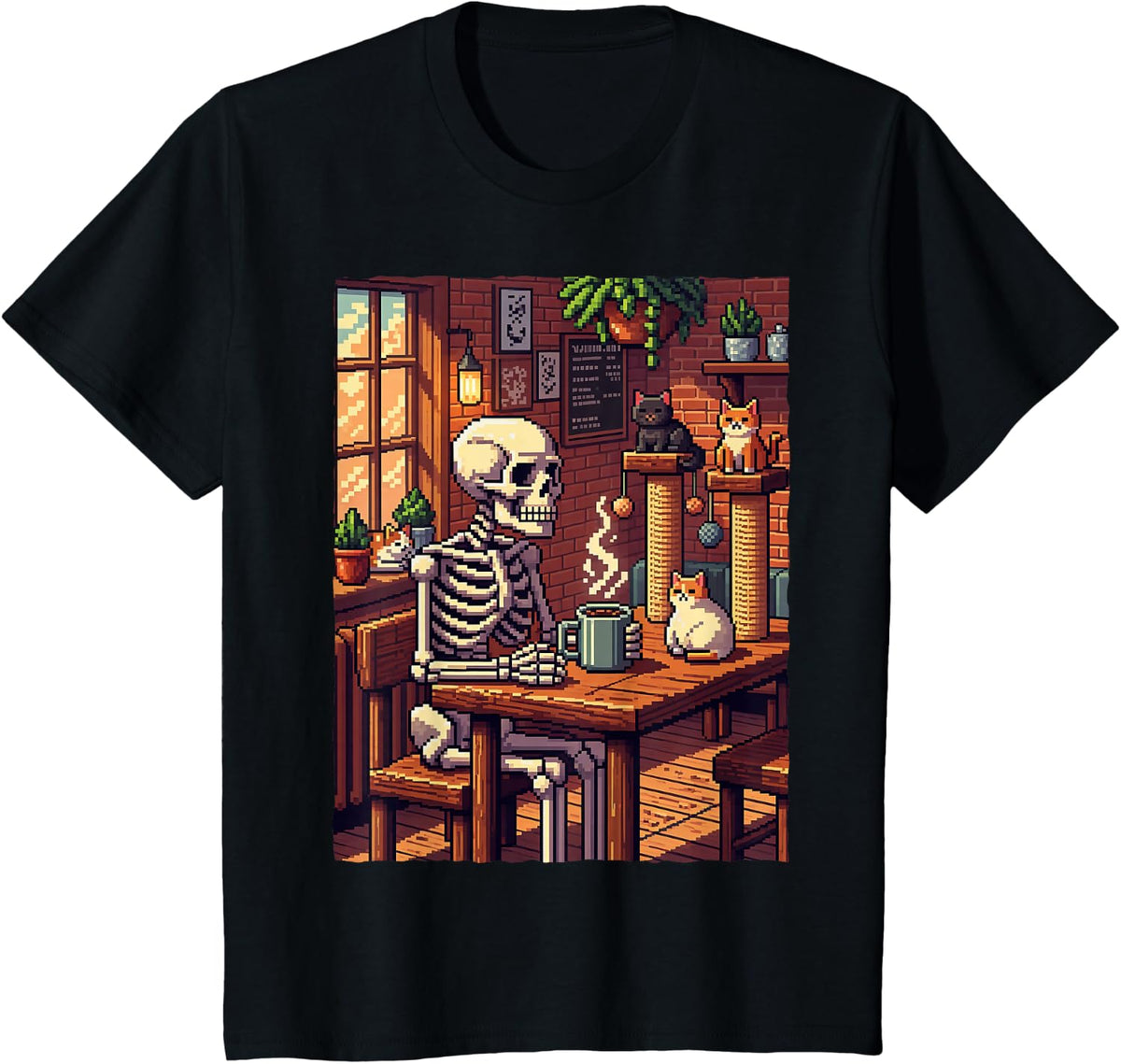 Pixel Art Skeleton Drinking Coffee Cat Cafe Cozy 8-Bit Goth T-Shirt - Black