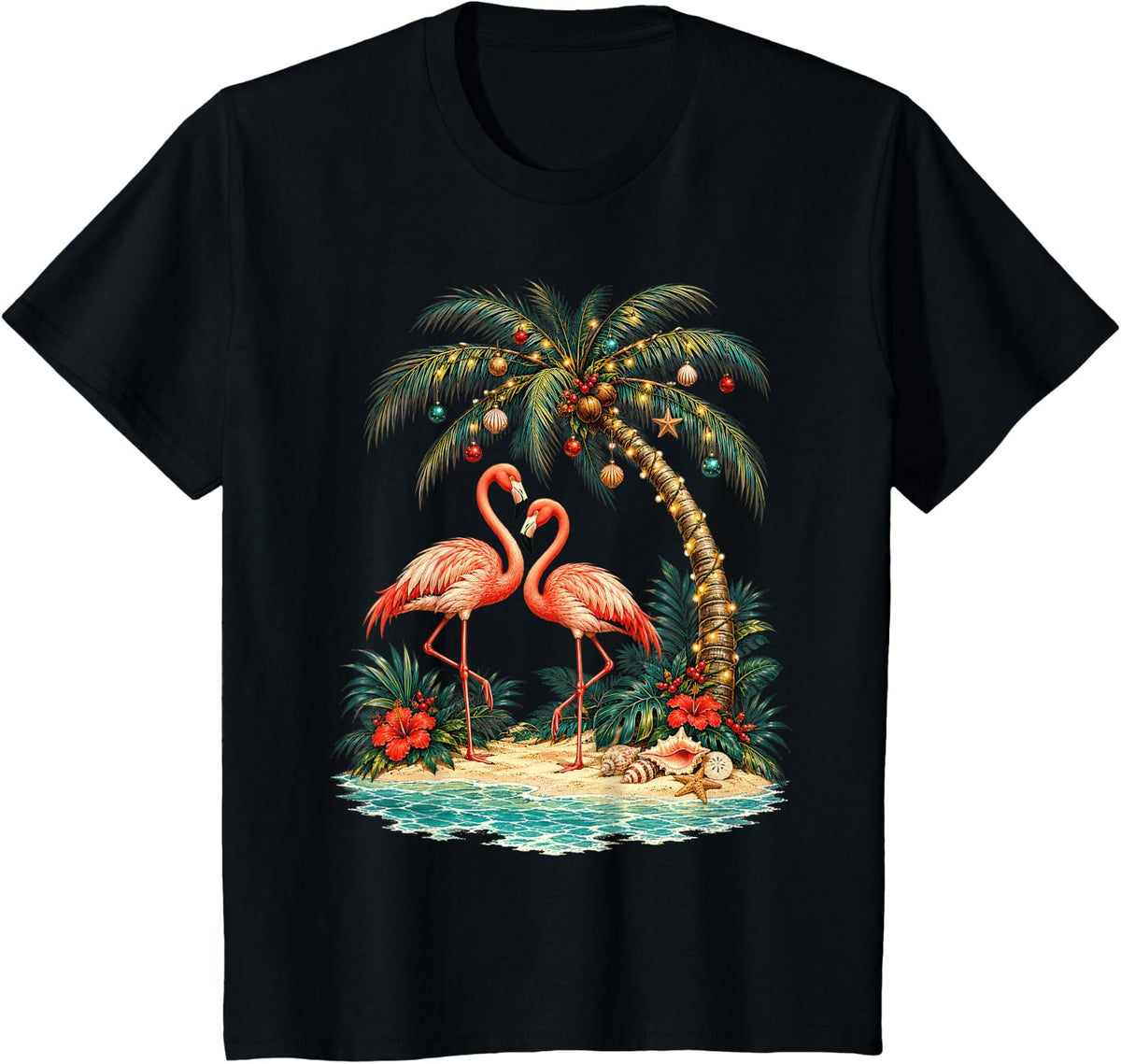 Flamingo Christmas Tropical Paradise Scene T-Shirt - Black