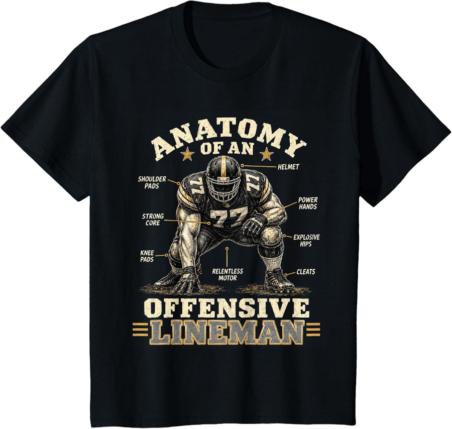 Anatomy of an Offensive Lineman Football Player Graphic T-Shirt - Black
