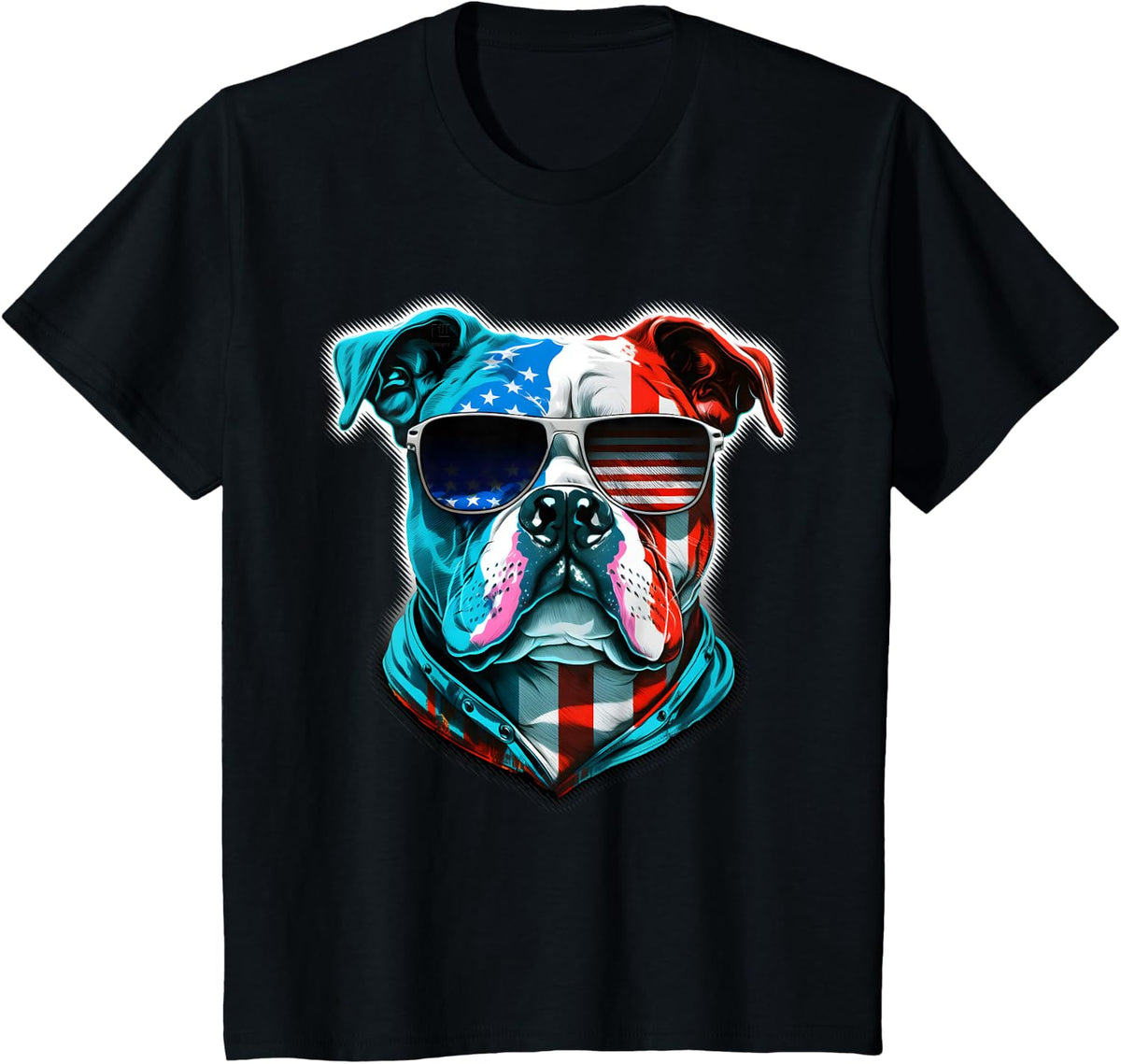 Bulldog Dog American Flag Sunglasses - Red/White/Blue T-Shirt - Black