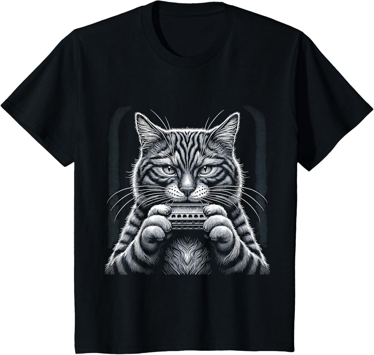 Cat Music Harmonica Player Country Folk Blues Whiskers Tabby T-Shirt - Black