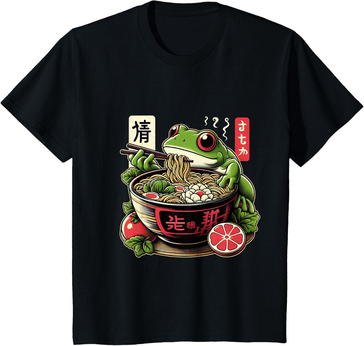 Frog Eating Ramen Kawaii Neko Japanese Noodles Tees T Shirts for Anime Lovers - Black