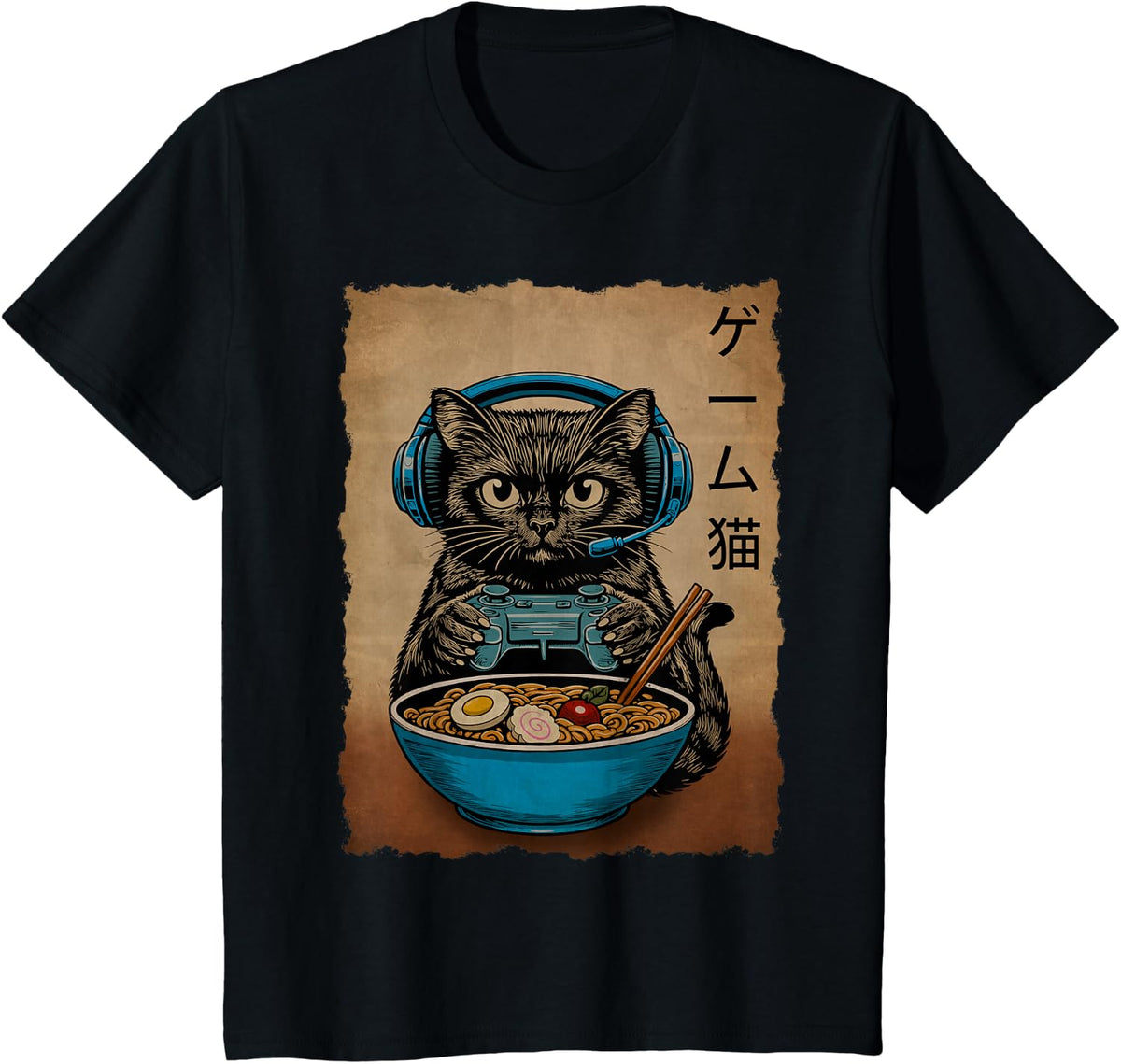 Ramen Cat Gaming Anime Japanese Funny Teen Boys Gifts Gamer T-Shirt - Black