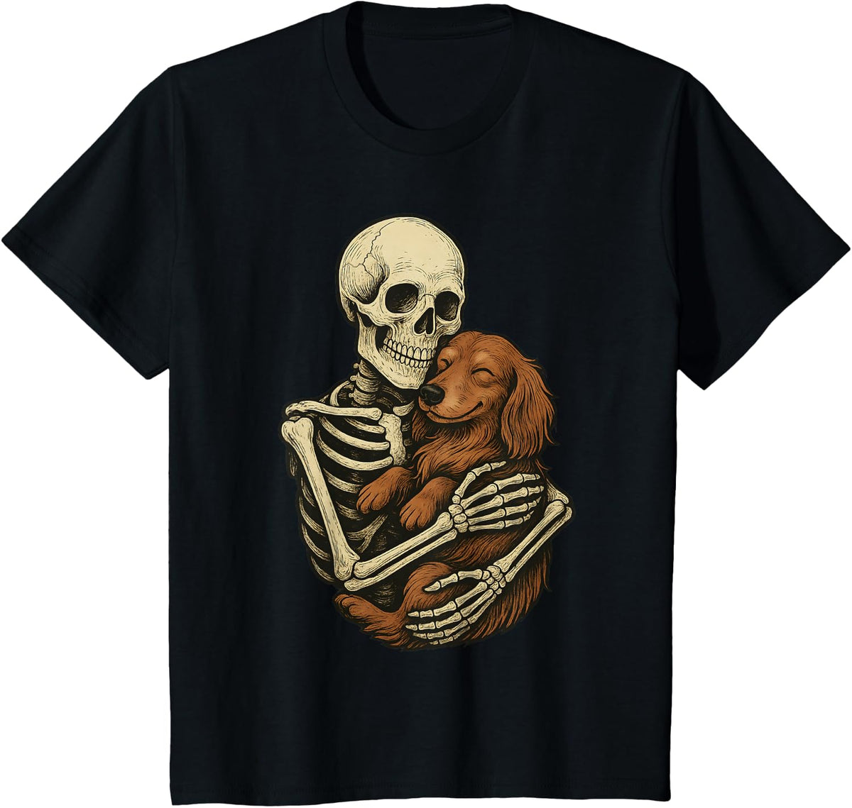 Skeleton Hugging Wiener Dog Dachshund Funny Halloween T-Shirt - Black