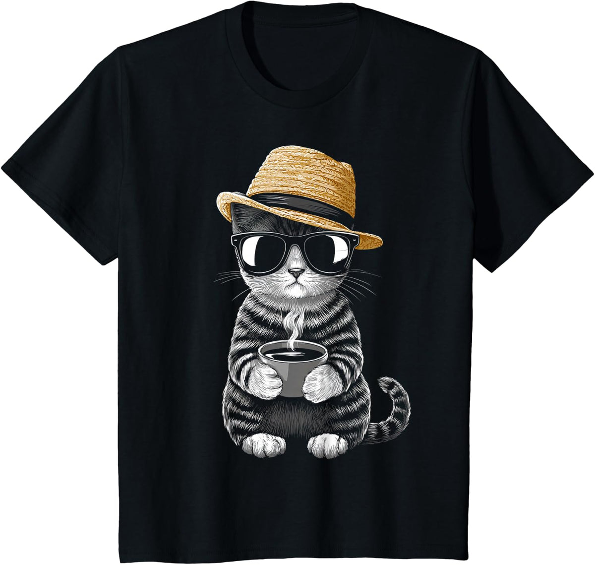 Tabby Cat with Sunglasses Drinking Coffee T-Shirt - Black