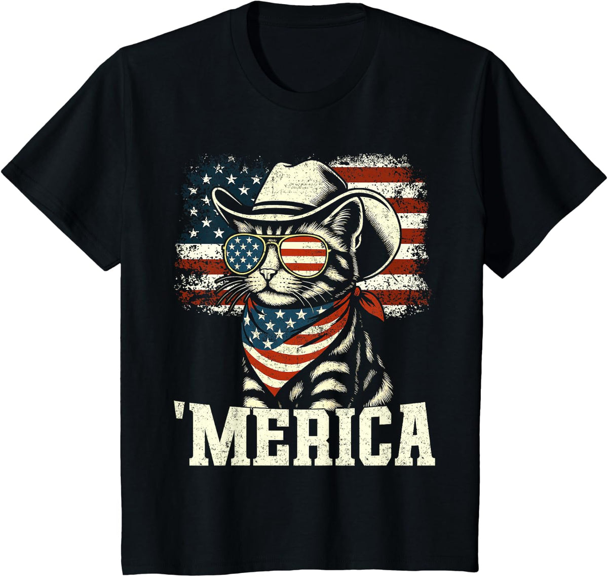 'Merica USA American Flag Patriotic 4th of July Cat 'Merica T-Shirt - Black
