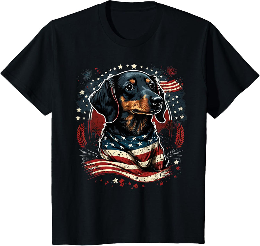 USA 4th Of July Dachshund on Patriotic American Dachshund T-Shirt for Women Kids Men - Black