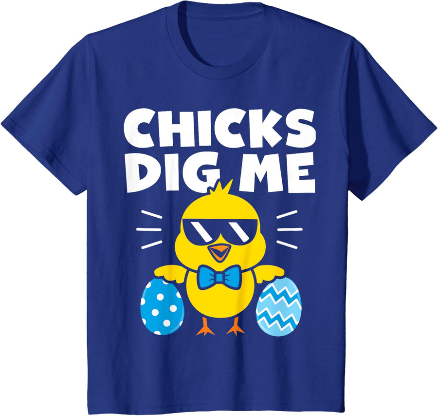 Kids Boys Easter Shirt Chicks Dig Me Easter Egg Hunt Kids Toddler T-Shirt - Royal Blue