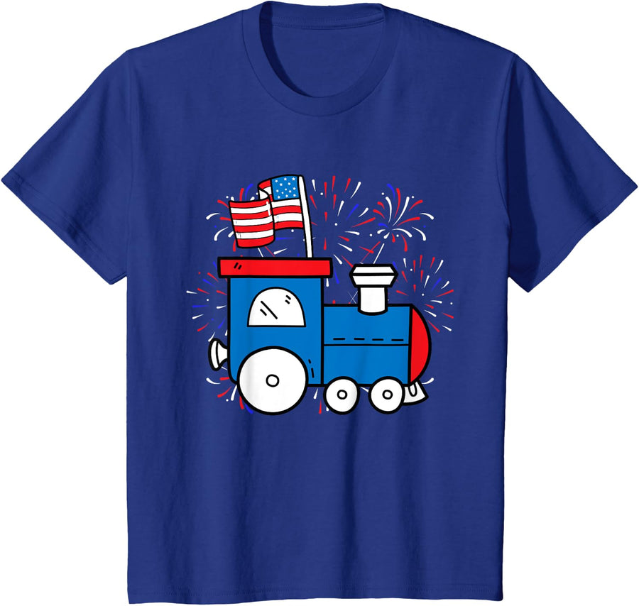 Kids American Flag Train 4th Of July Cute Patriotic Boys T-Shirt - Royal Blue