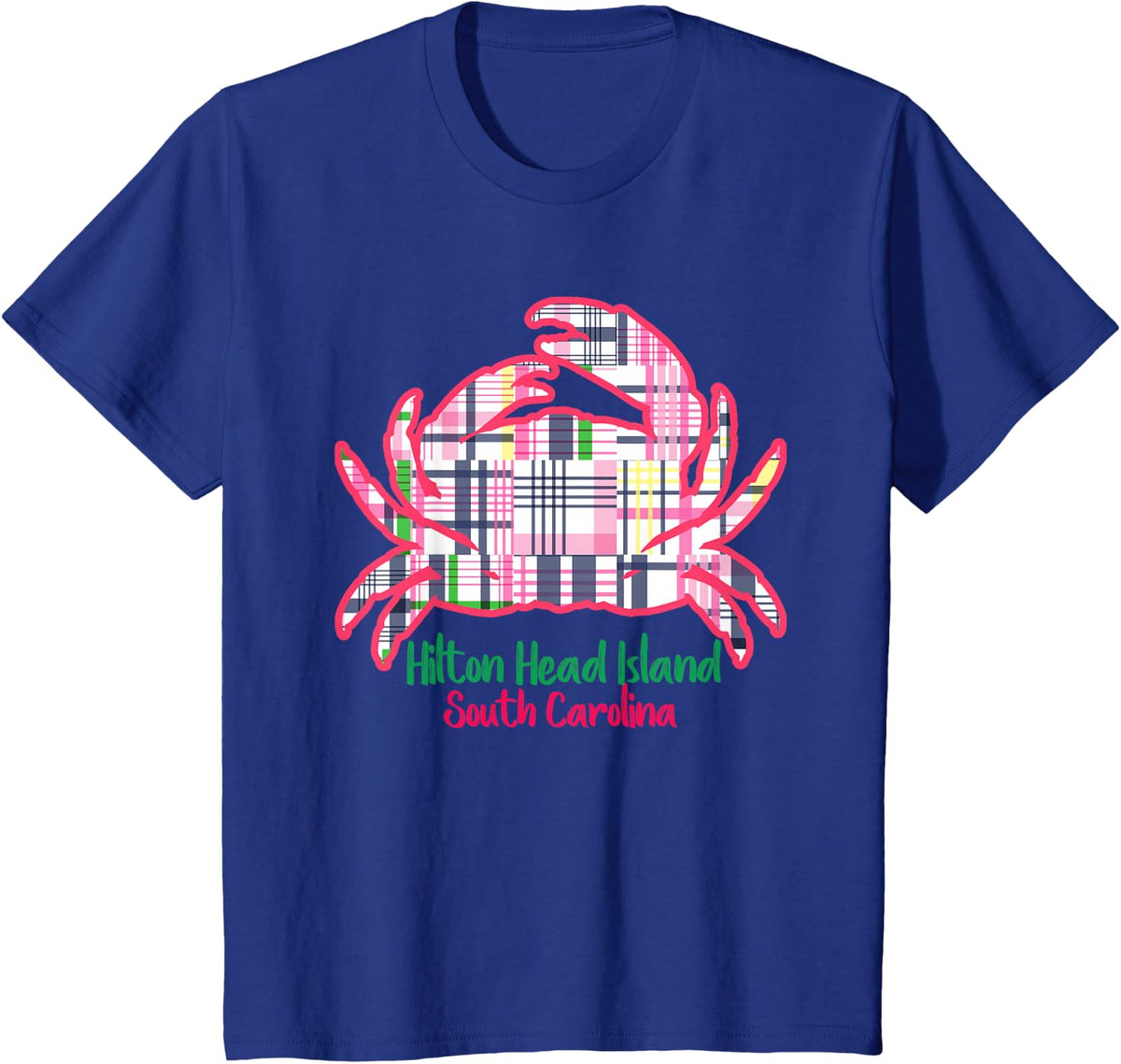 Hilton Head Island Girls Apparel Preppy Plaid Crab Kid Adult T-Shirt - Royal Blue