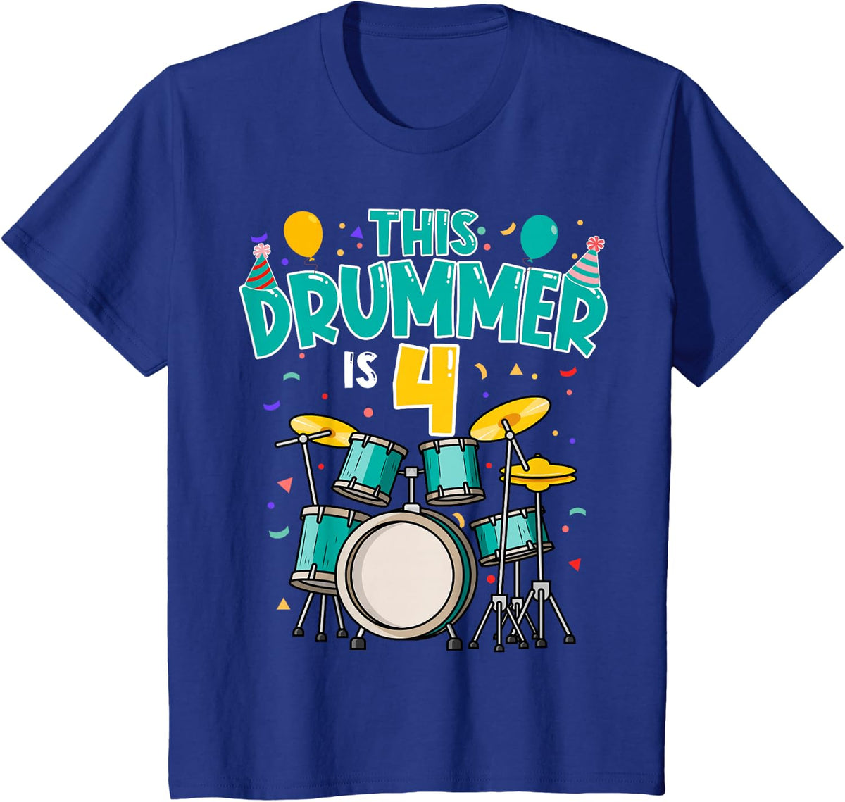 4 Years Old Drummer 4th Birthday Drum Set Drumming T-Shirt - Royal Blue