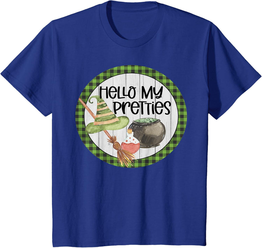 Hello My Pretties Halloween Witches Hat Broom and Cauldron T-Shirt - Royal Blue