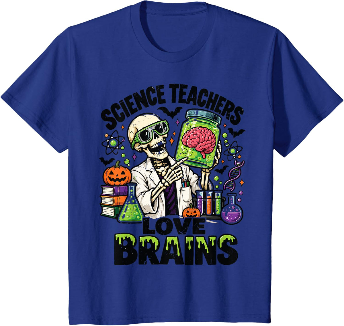 Skeleton Science Teachers Love Brains Halloween Costume T-Shirt - Royal Blue