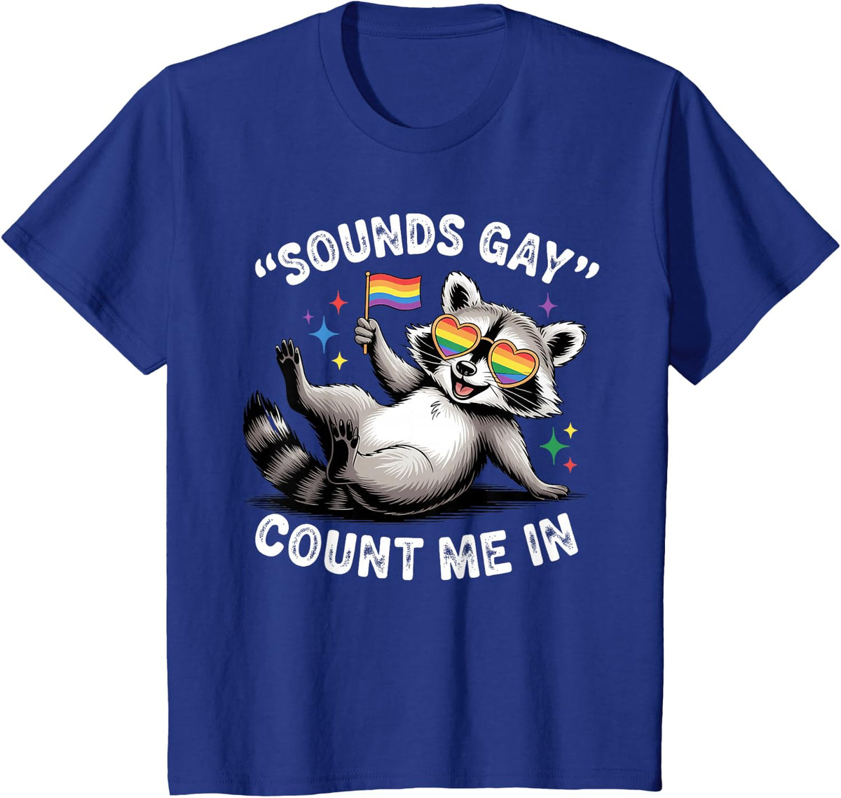 Funny LGBT Ally Raccoon Holding a Rainbow Flag LGBT Support T-Shirt - Royal Blue