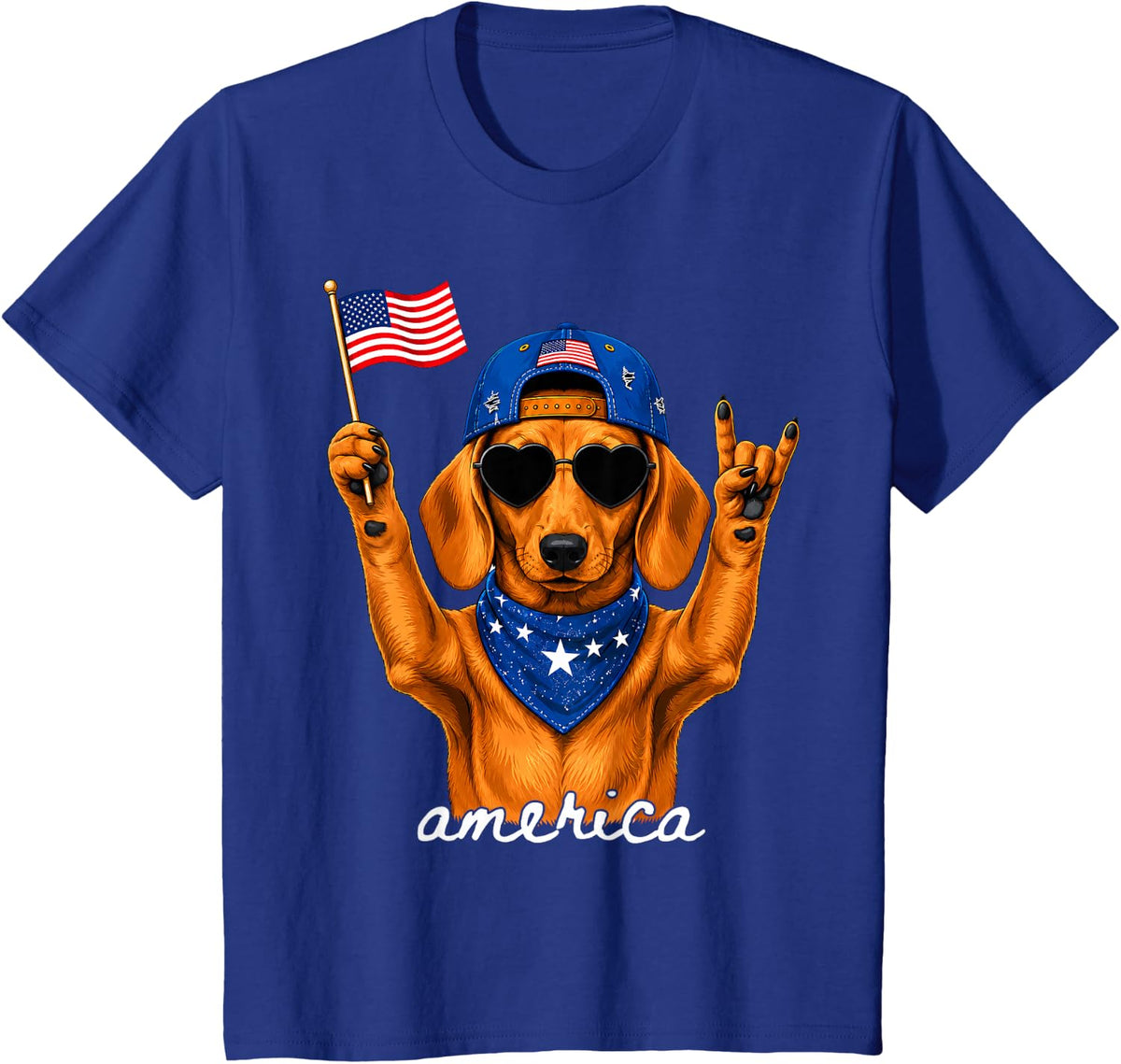 Funny America Dachshund Rock on American Flag 4th of July T-Shirt - Royal Blue