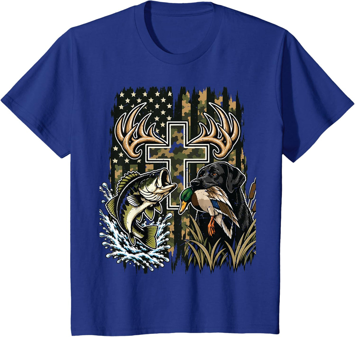 Youth Camo Duck Hunting Dog Black Lab Bass Fish Cross Faith T-Shirt - Royal Blue