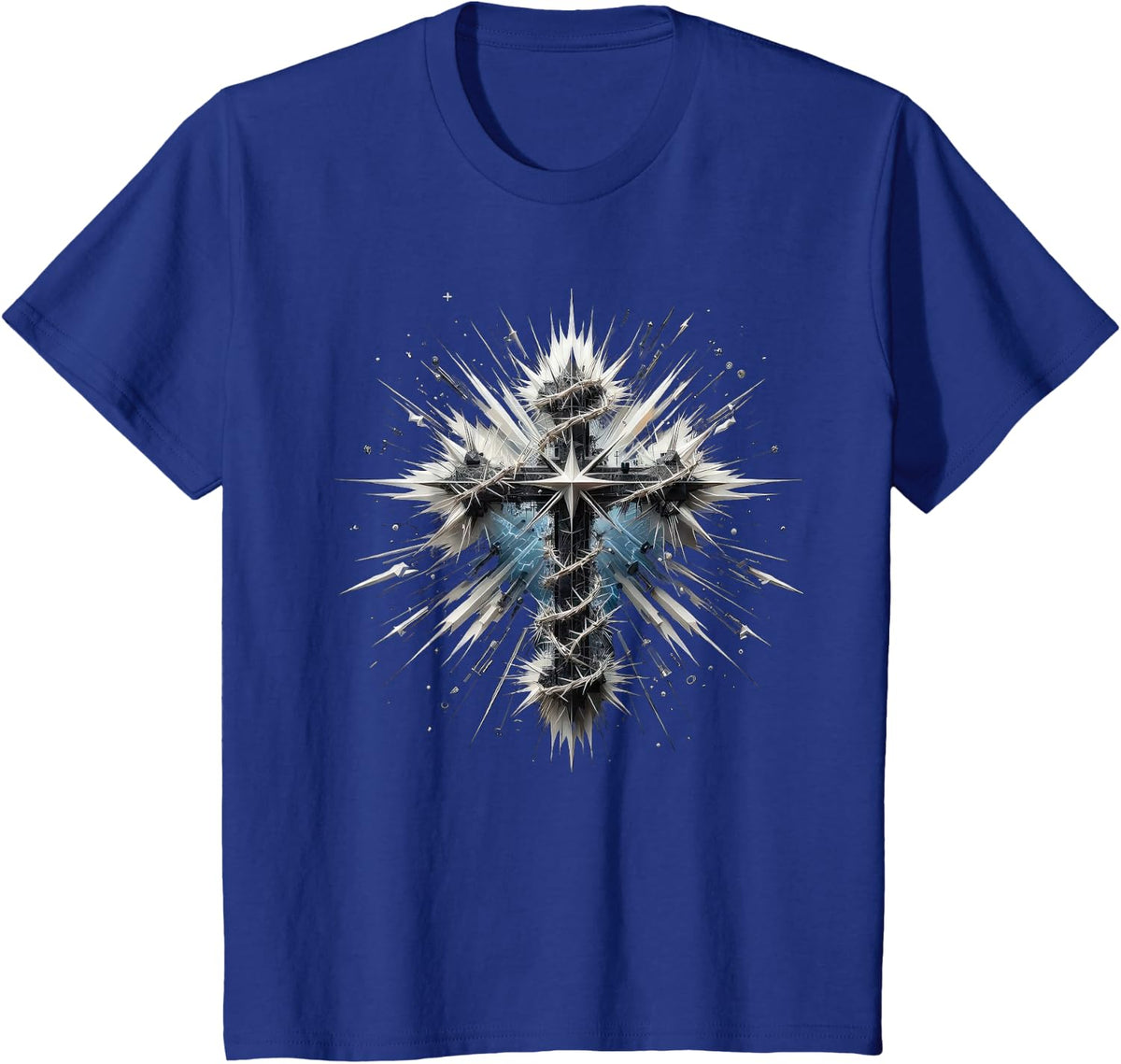 Christian Cross Punk-Art Style Distressed Crown of thorns T-Shirt - Royal Blue